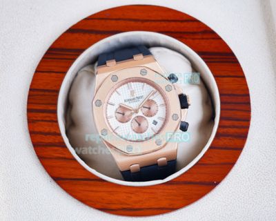 Copy Audemars Piguet Royal Oak Offshore Watch White Dial Rose Gold Case Blue Rubber Strap